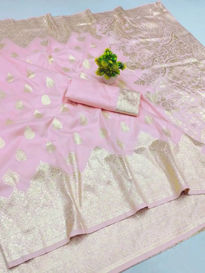 Baby pink art silk zari woven saree with blouse