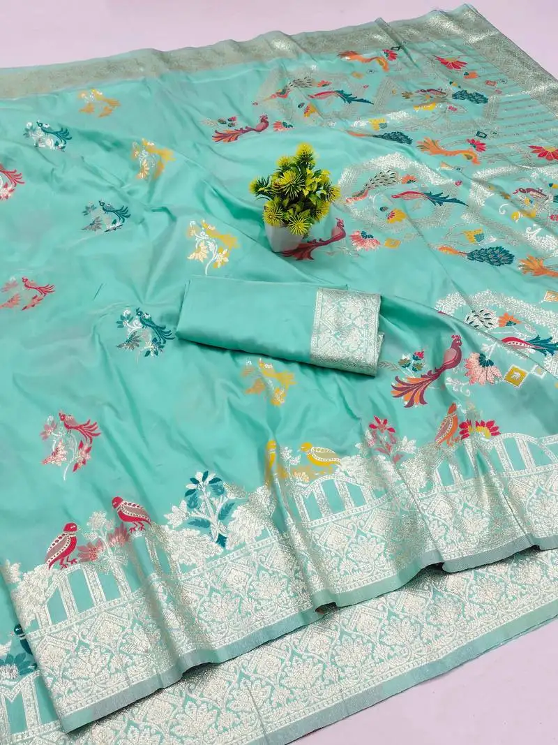 Sea green zari woven art silk saree with blouse