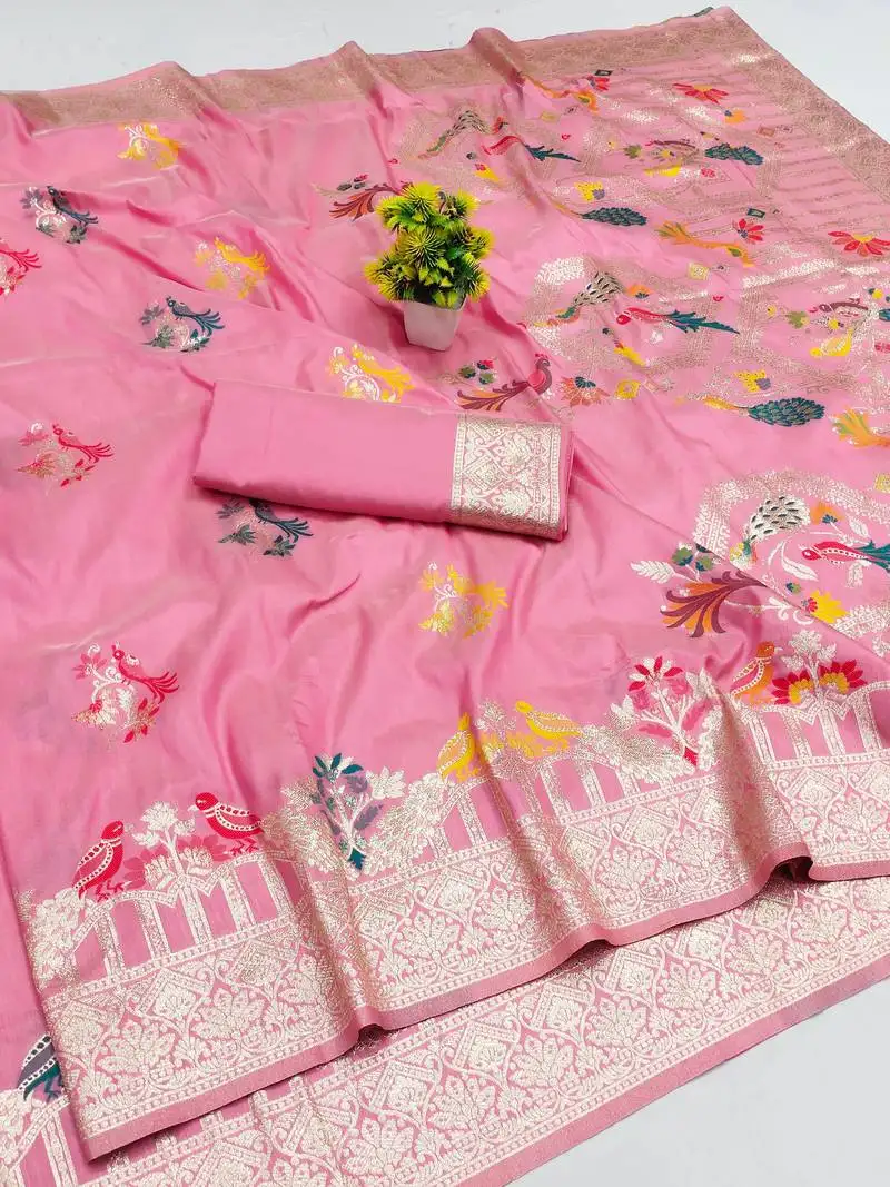 Gajri pink zari woven art silk saree with blouse