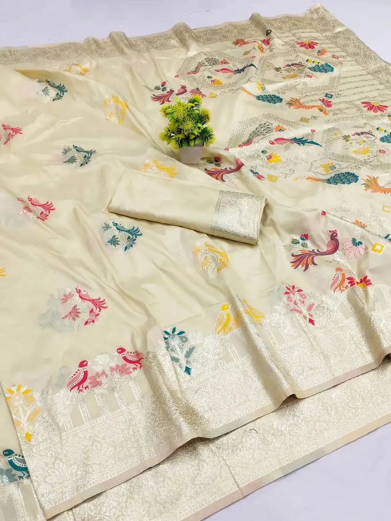 Beige zari woven art silk saree with blouse