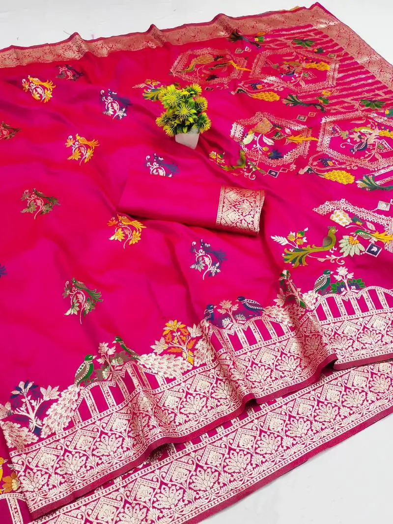 Rani pink zari woven art silk saree with blouse