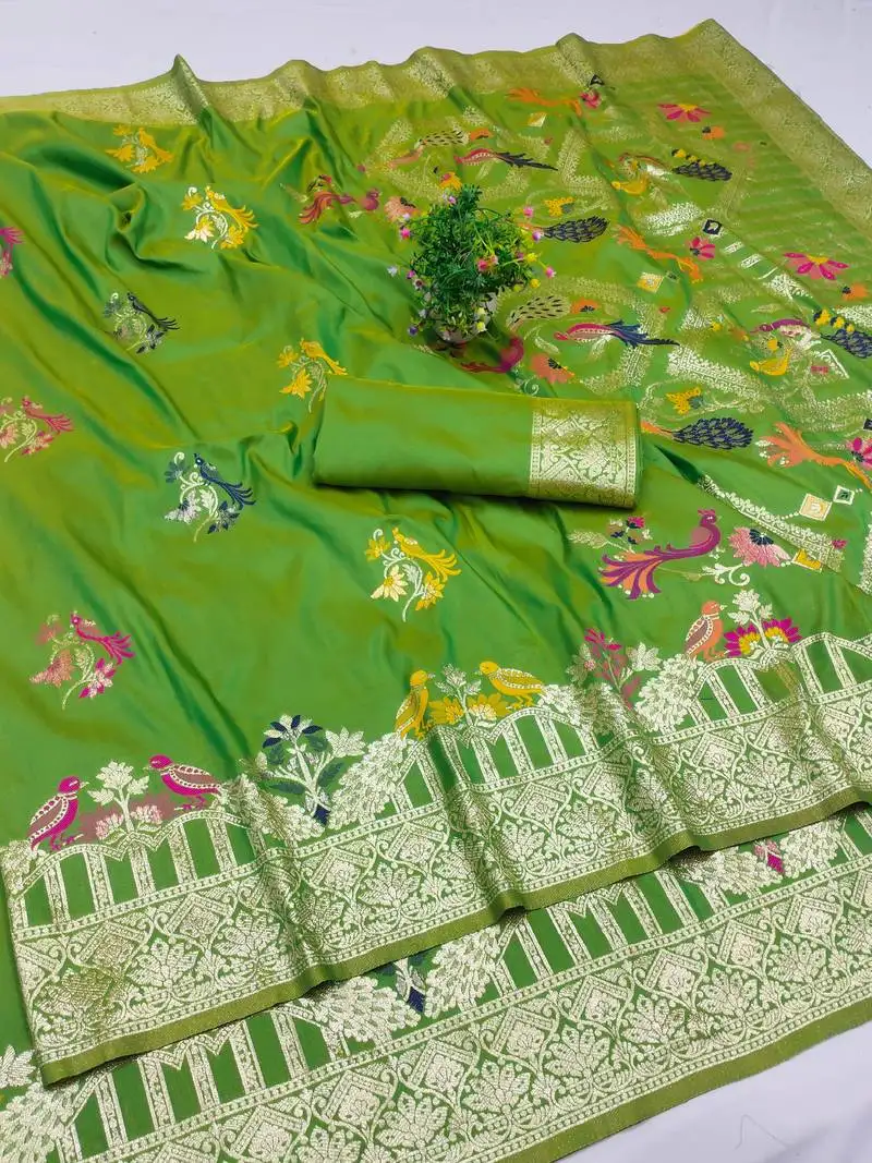 Parrot green zari woven art silk saree with blouse