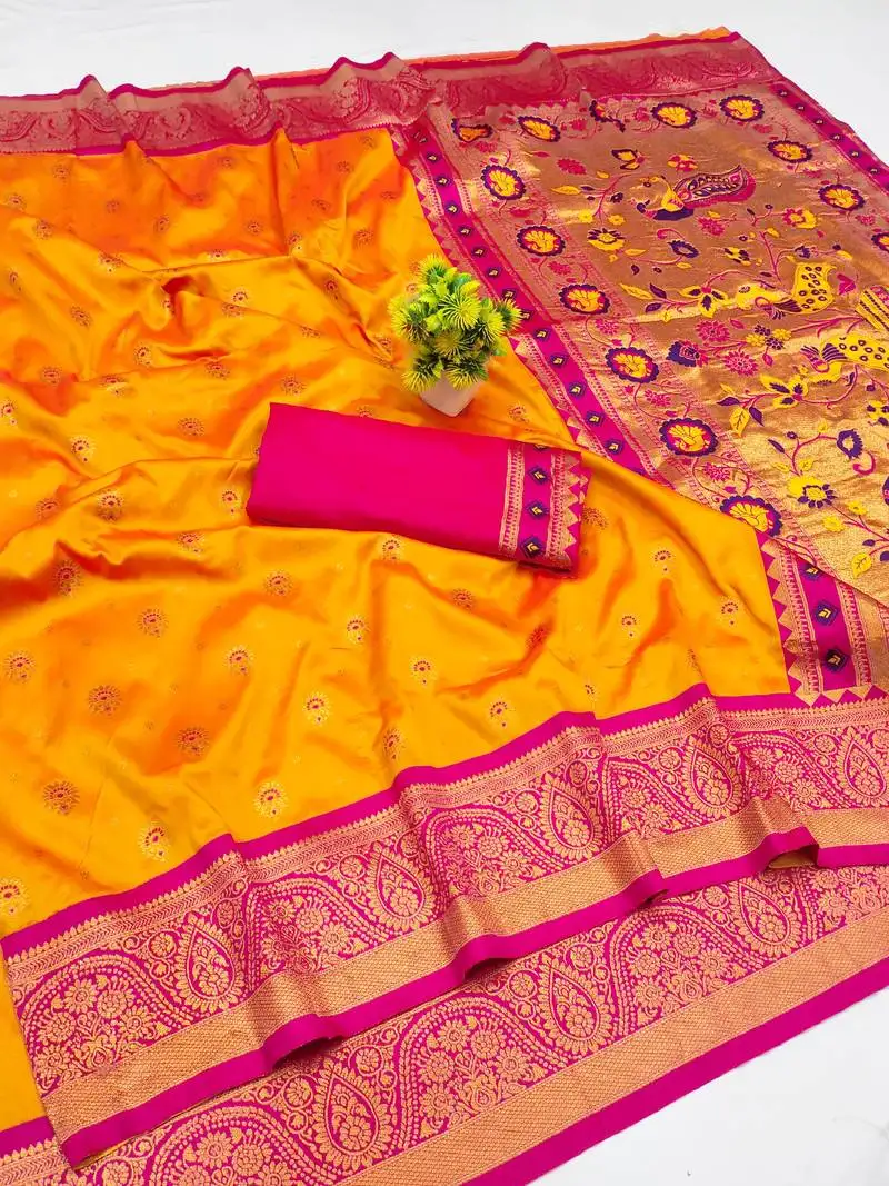 Orange copper zari woven art silk saree with blouse