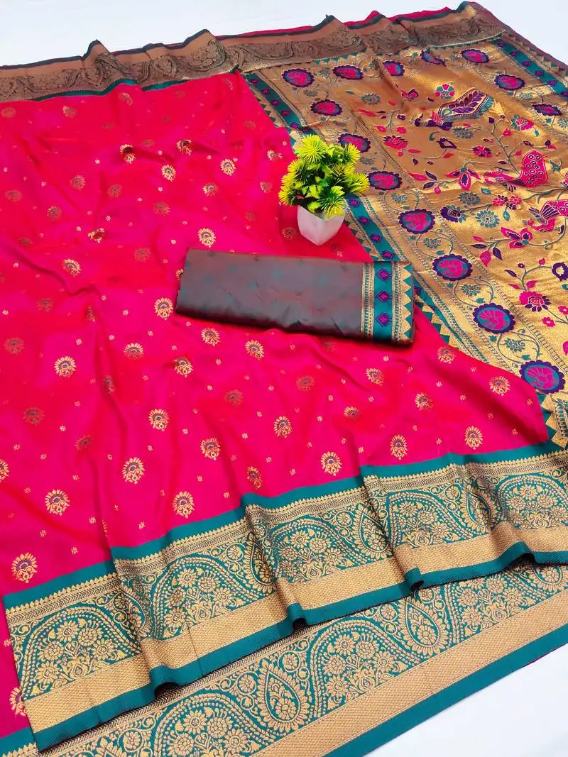 Rani pink copper zari woven art silk saree with blouse
