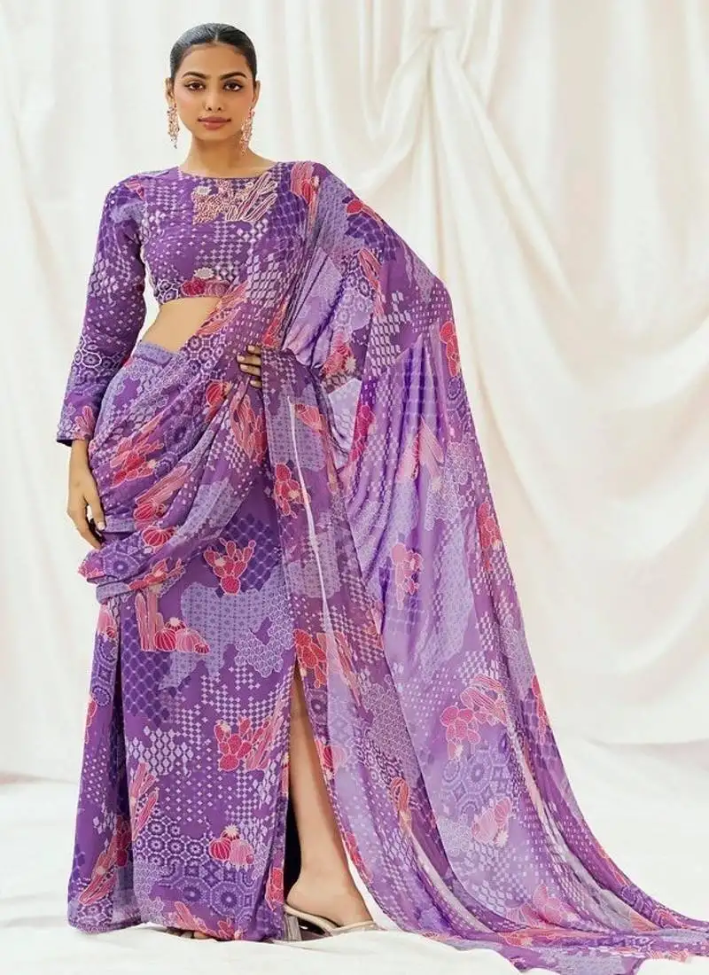 Violet floral printed georgette saree