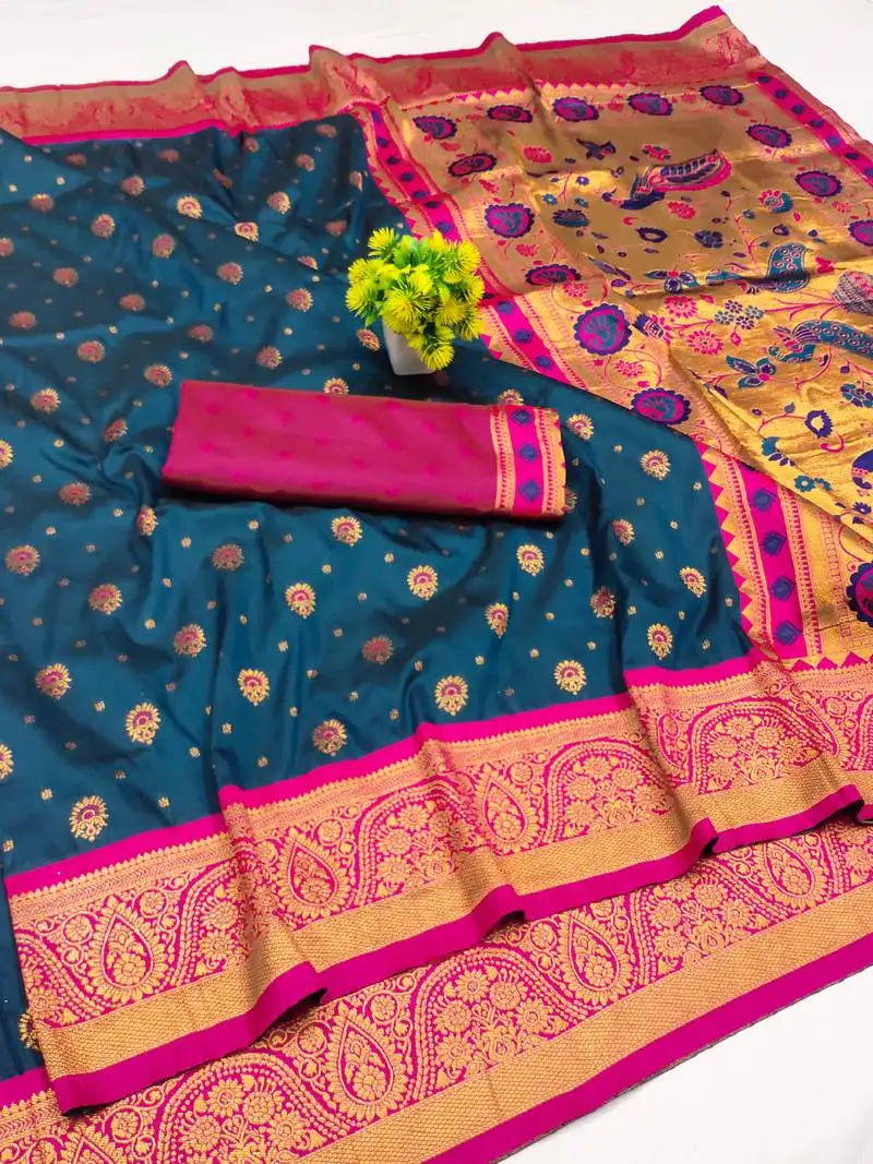 Firozi copper zari woven art silk saree with blouse