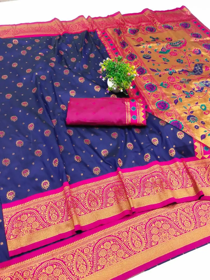 Navy blue copper zari woven art silk saree with blouse