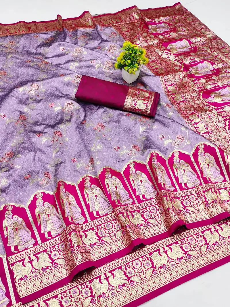 Purple zari woven art silk bridal style premium saree with blouse