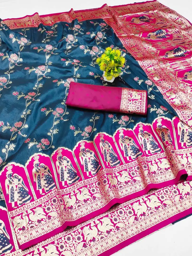 Dark blue zari woven art silk bridal style premium saree with blouse