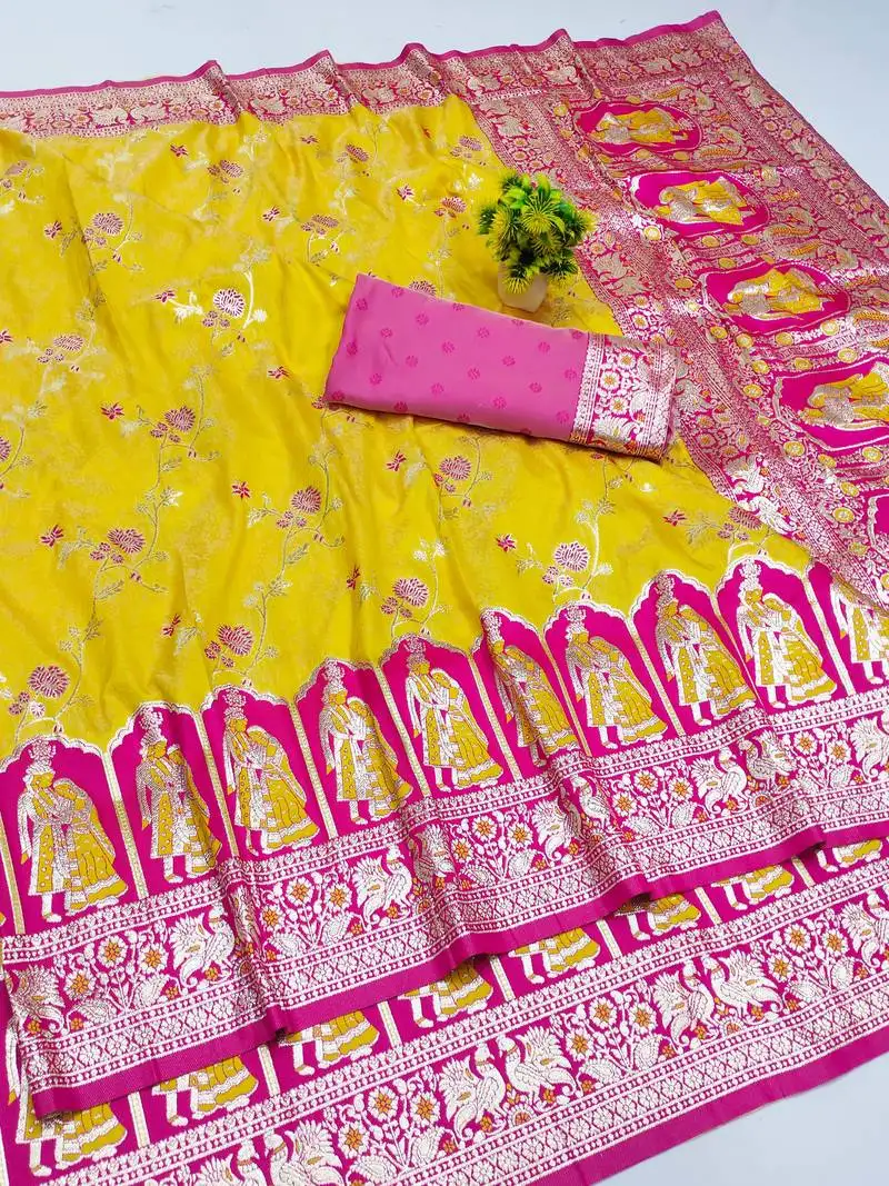 Gold zari woven art silk bridal style premium saree with blouse