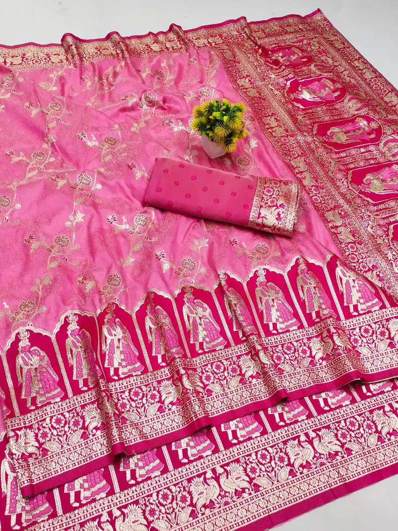 Pink zari woven art silk bridal style premium saree with blouse