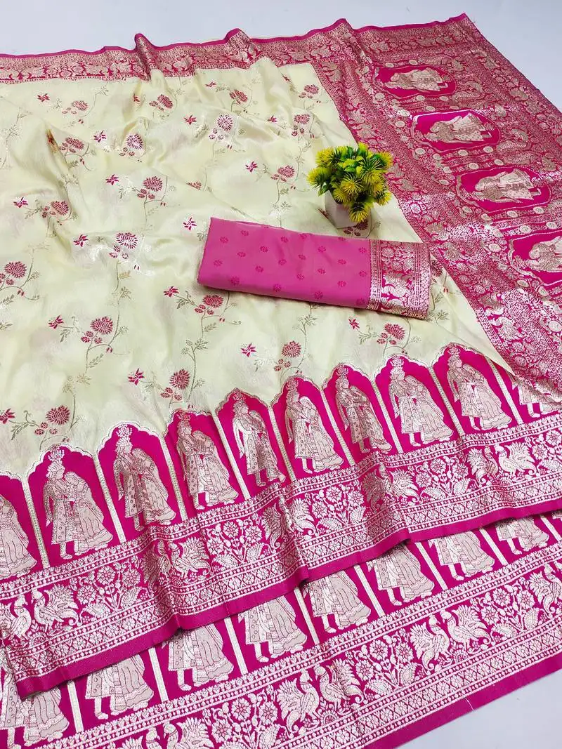 Cream zari woven art silk bridal style premium saree with blouse