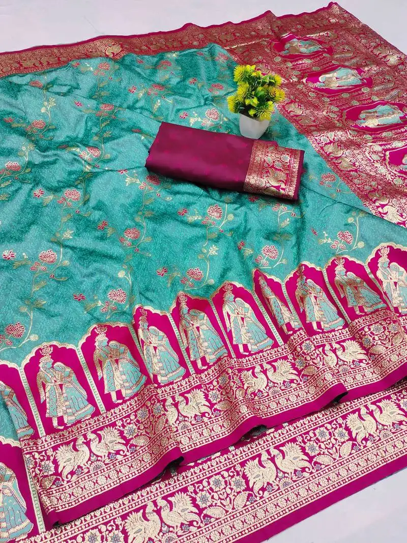 Blue zari woven art silk bridal style premium saree with blouse