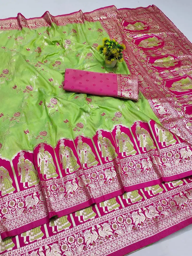 Light green zari woven art silk bridal style premium saree with blouse
