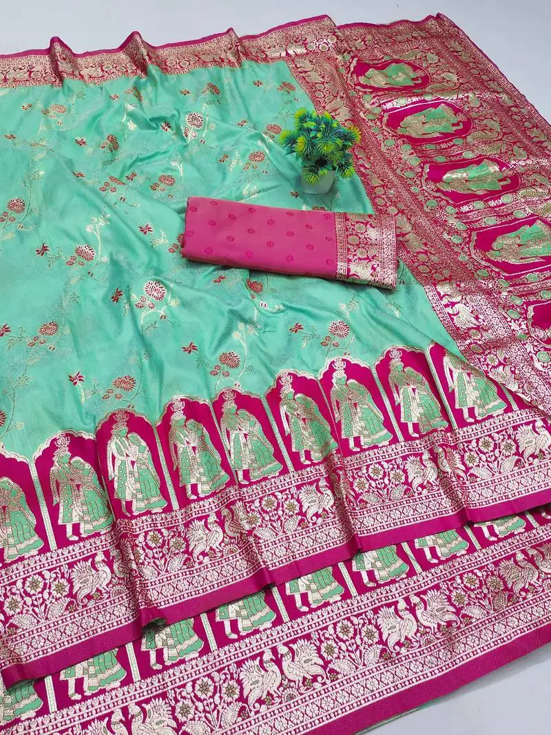 Turquoise zari woven art silk bridal style premium saree with blouse