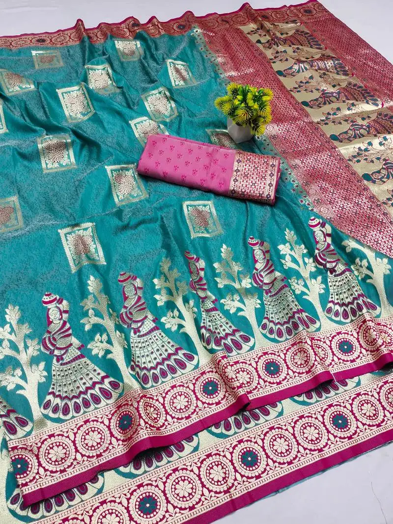 Light blue zari woven art silk bridal style premium saree with blouse