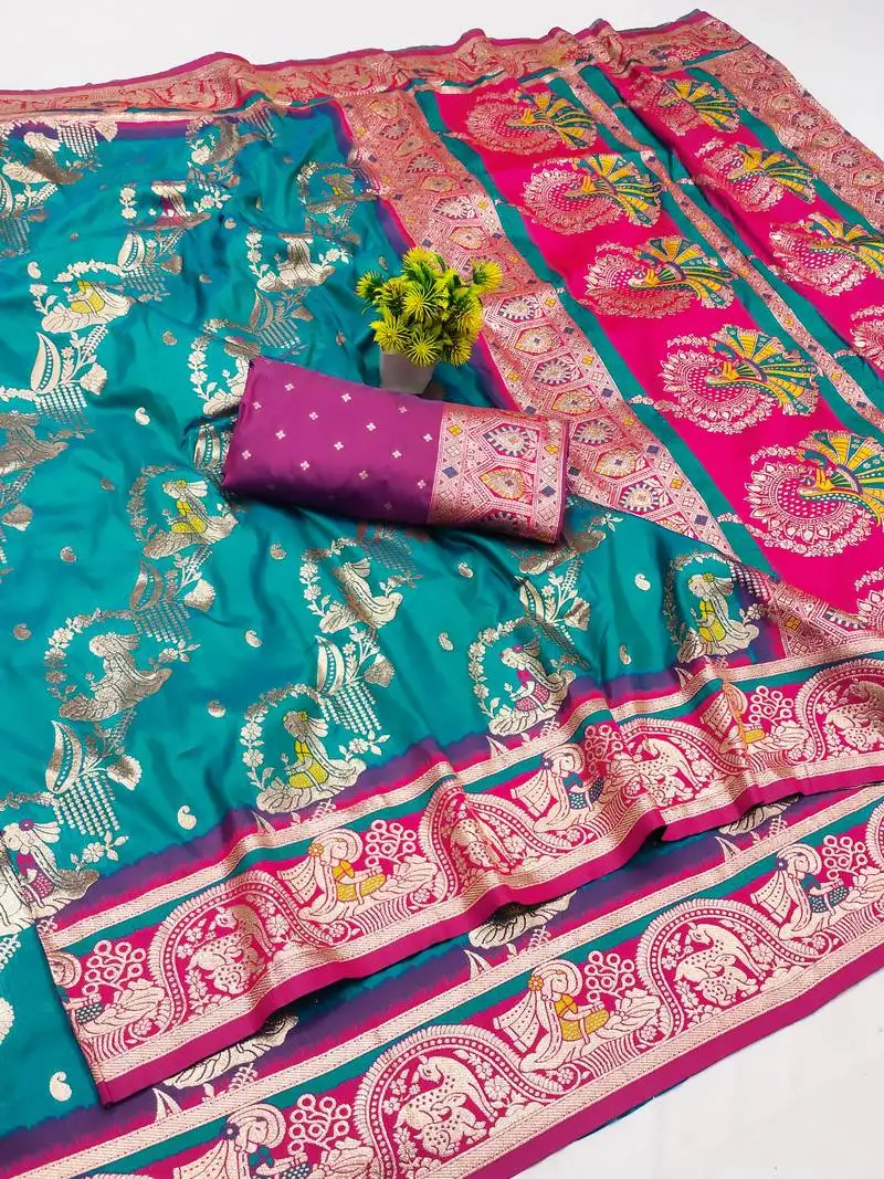 Light blue zari woven art silk baluchari saree with blouse