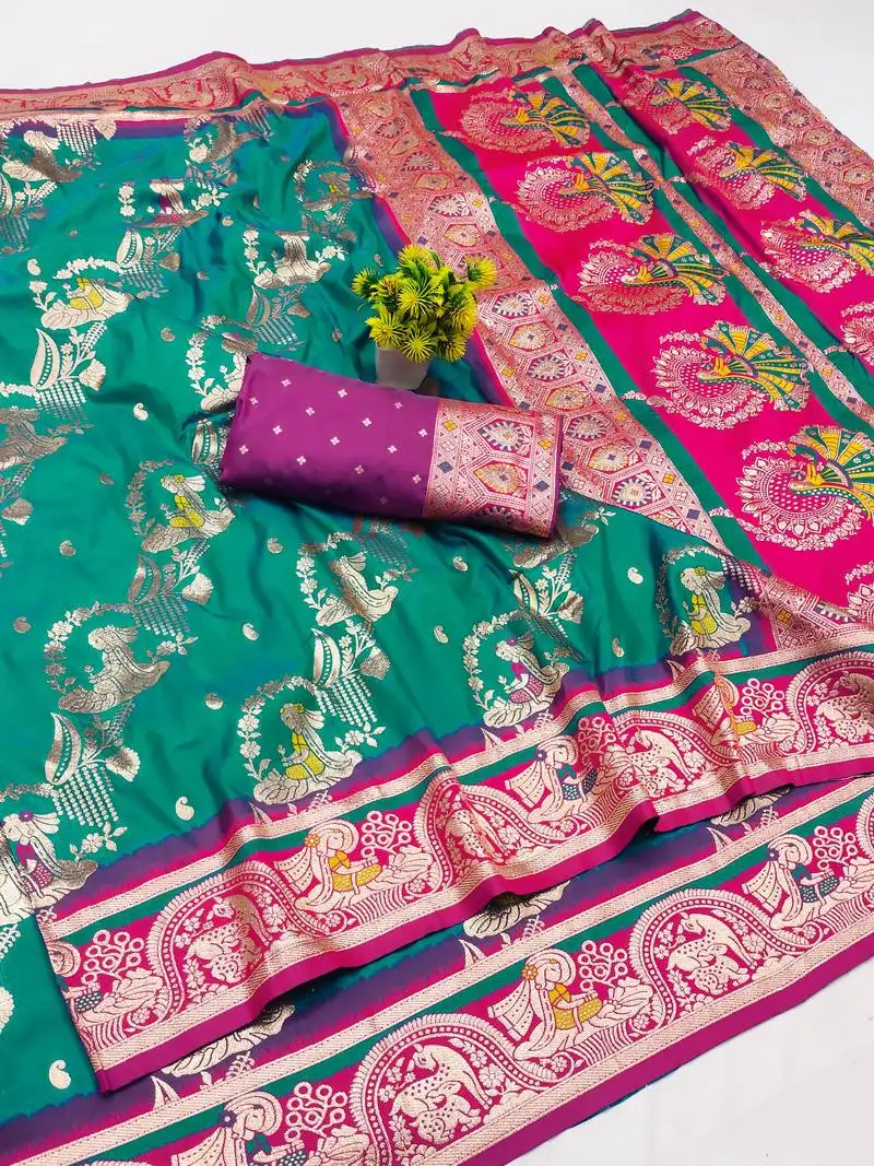 Light green zari woven art silk baluchari saree with blouse