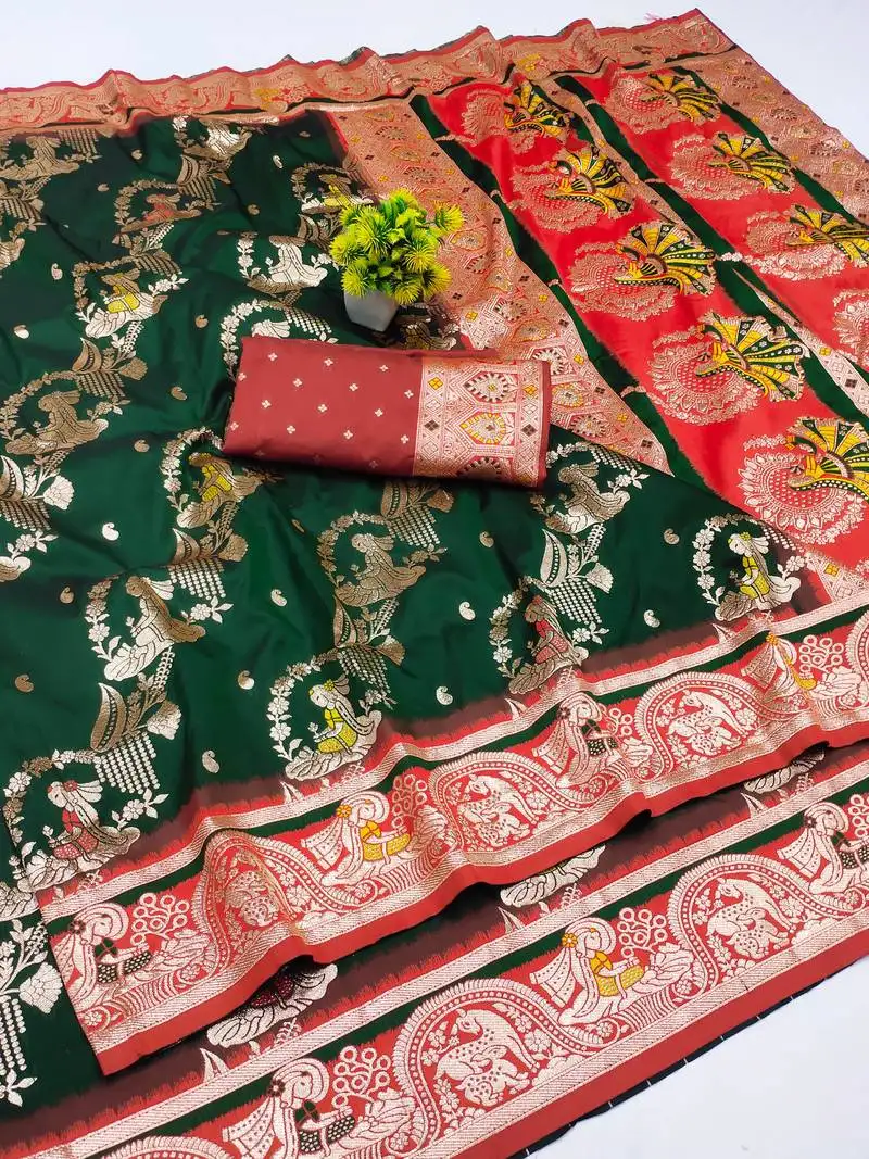 Dark green zari woven art silk baluchari saree with blouse