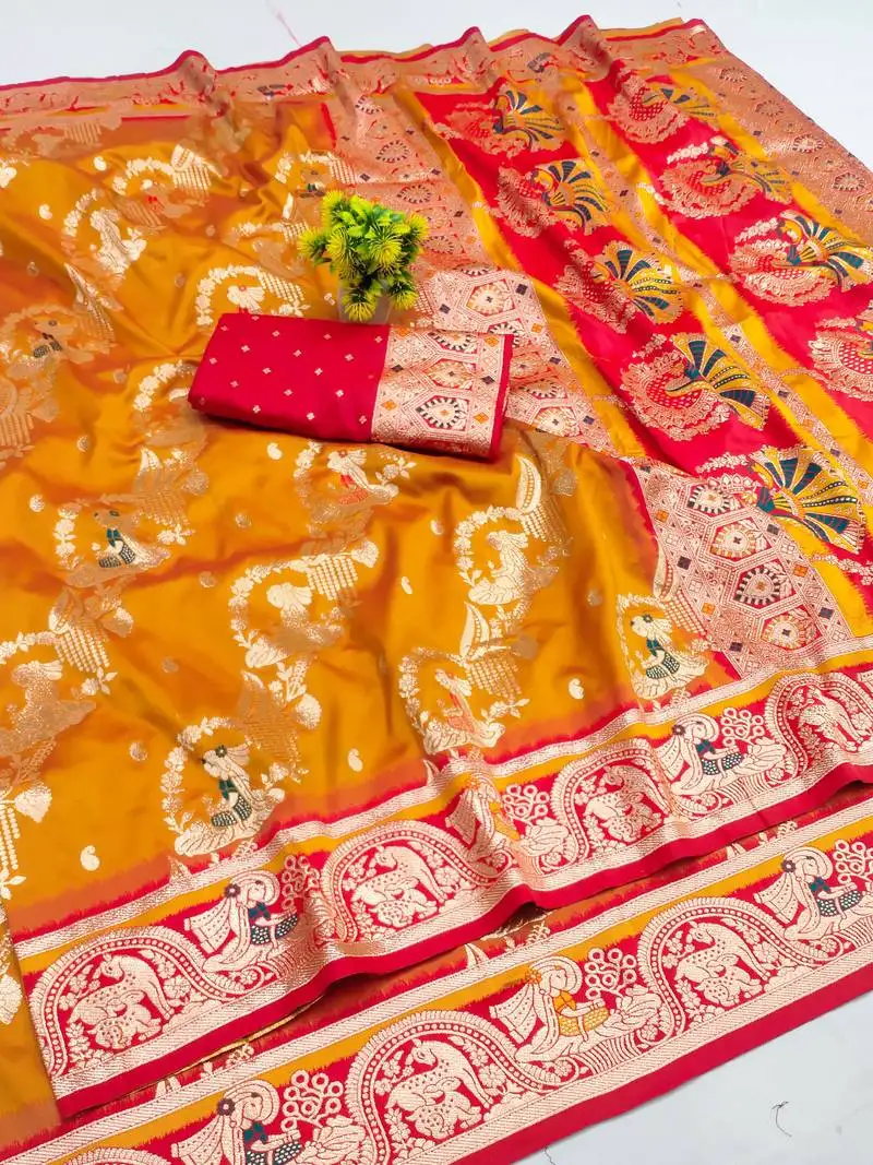 Mustard zari woven art silk baluchari saree with blouse
