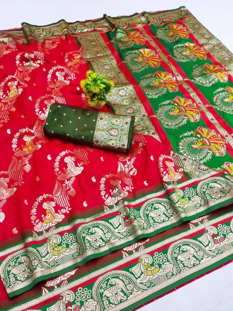 Red zari woven art silk baluchari saree with blouse