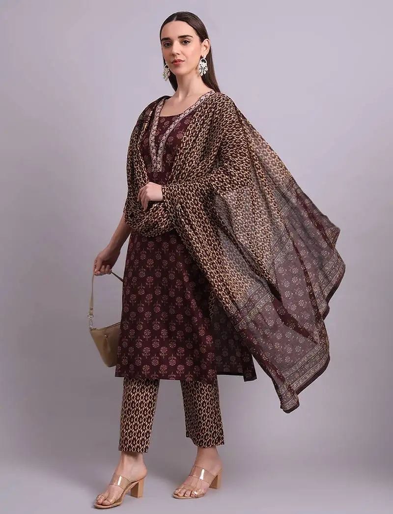 Maroon cotton buti printed & embroidery work kurta with trousers & dupatta set