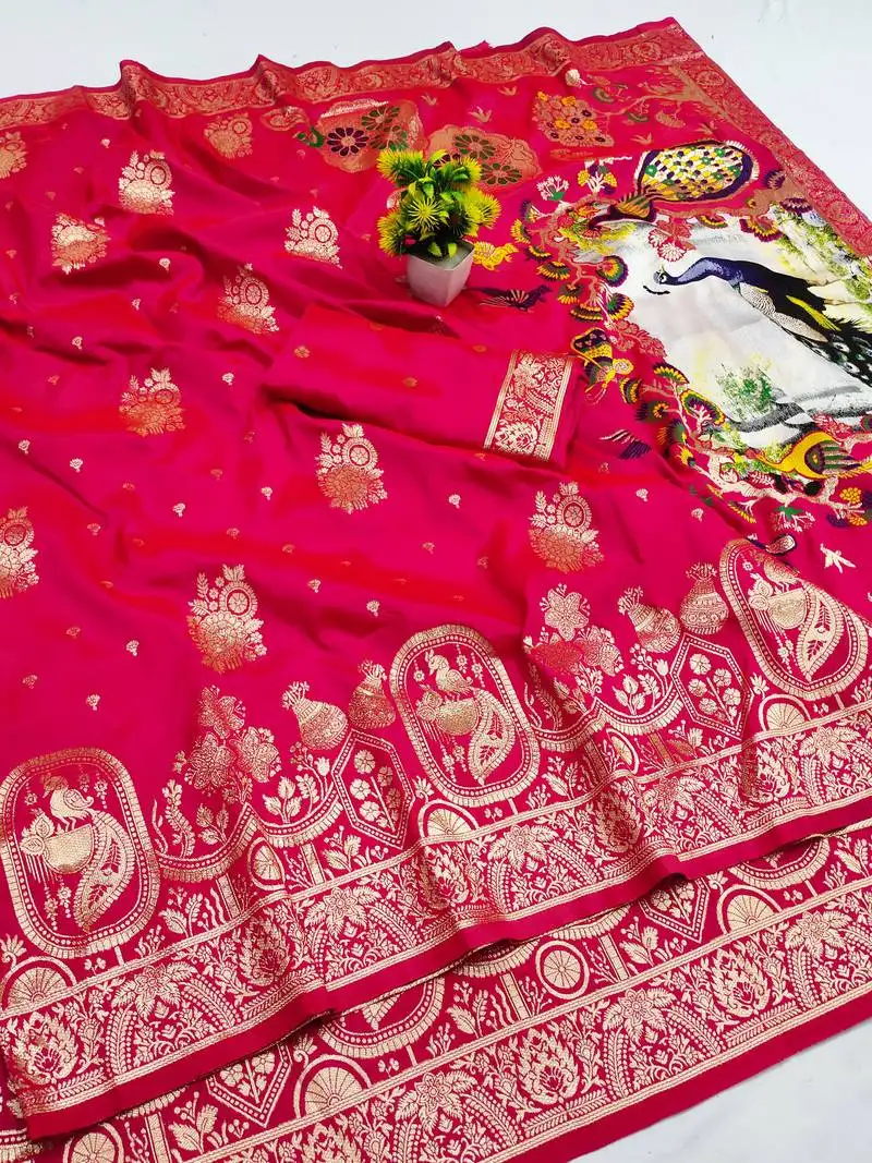 Pink zari woven art silk saree with blouse