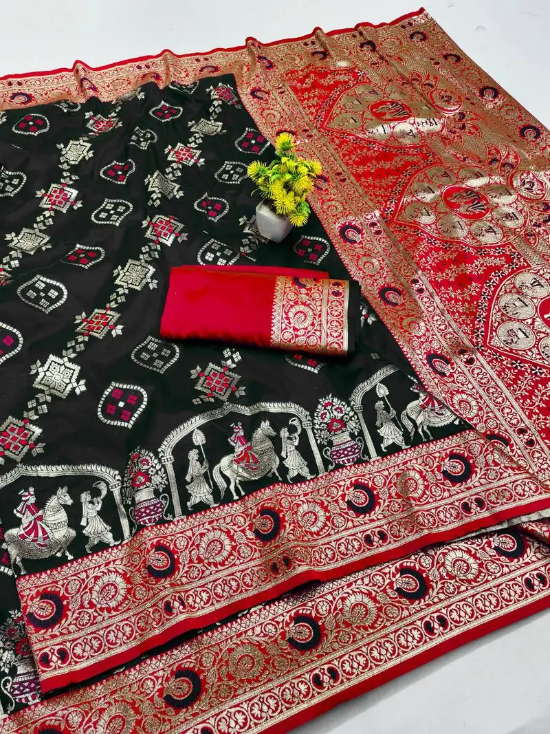 Black zari woven art silk baluchari saree with blouse