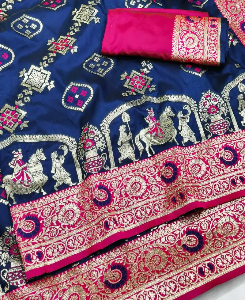 Navy blue zari woven art silk baluchari saree with blouse