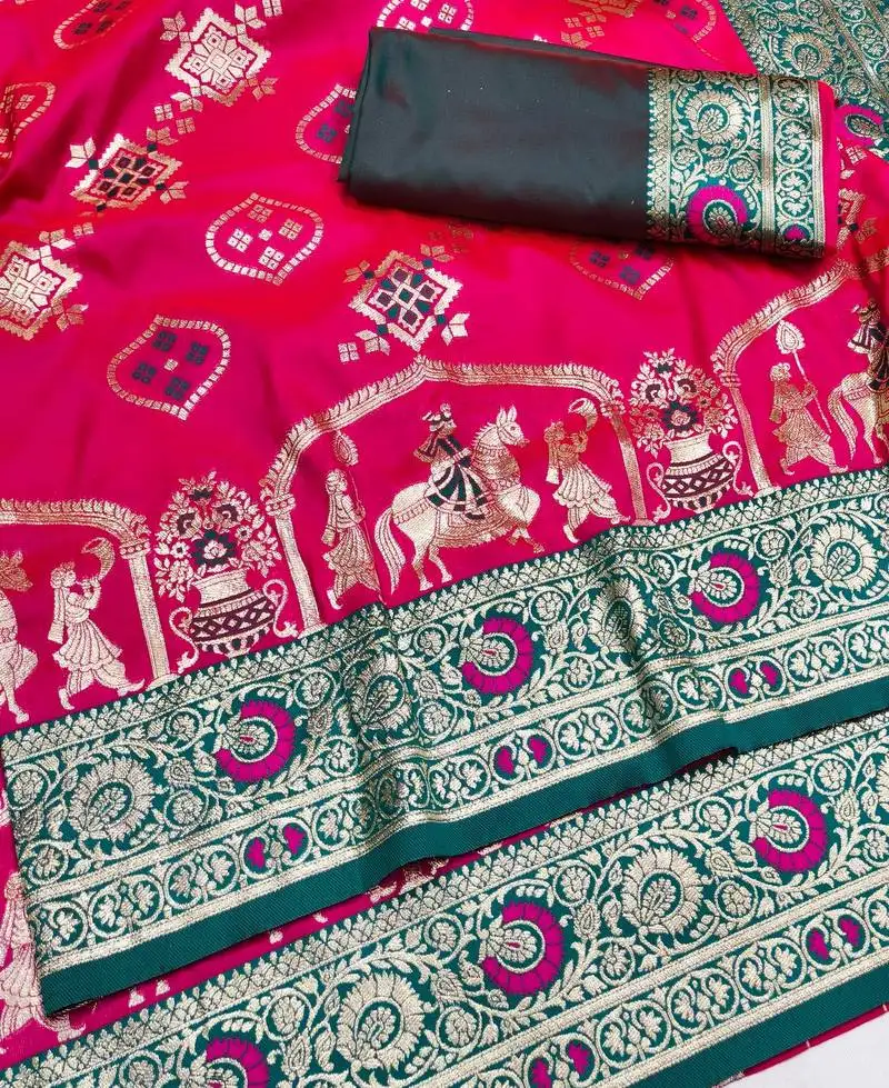 Rani pink zari woven art silk baluchari saree with blouse