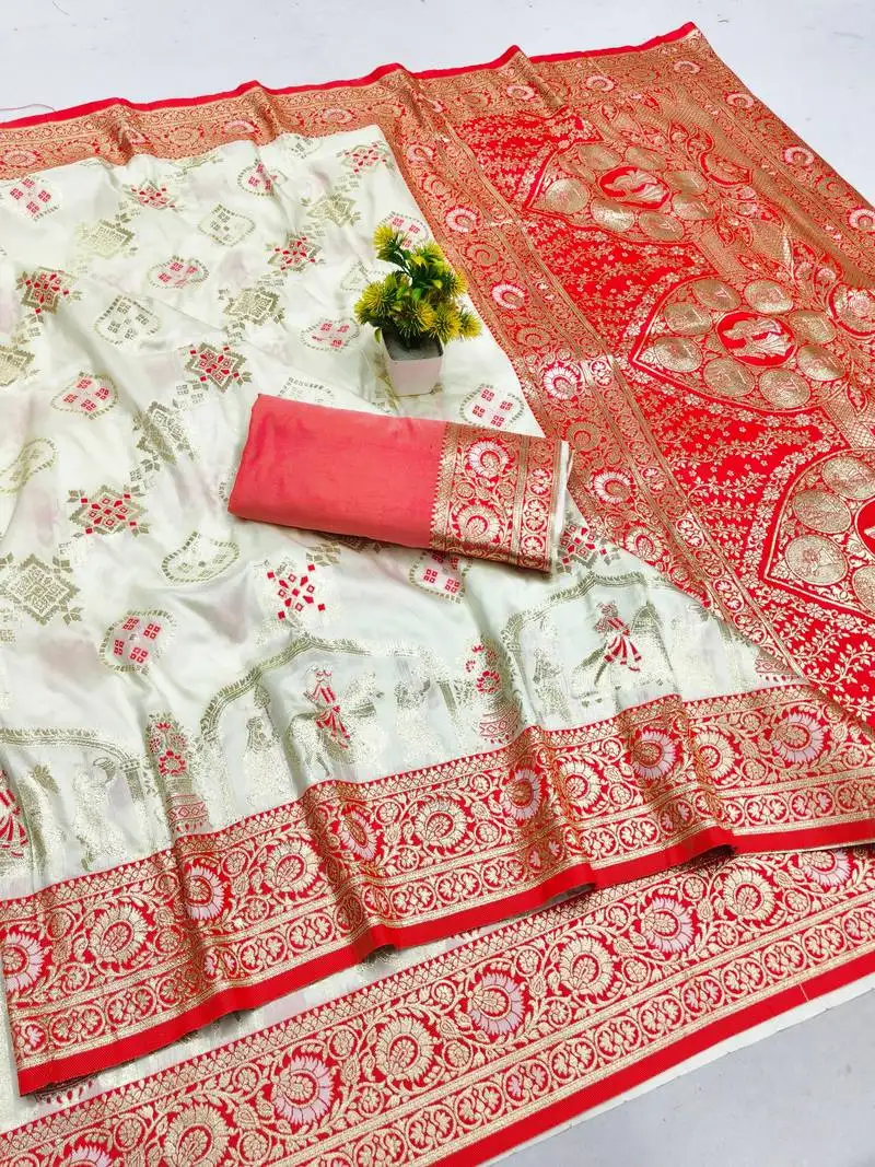 Off white zari woven art silk baluchari saree with blouse