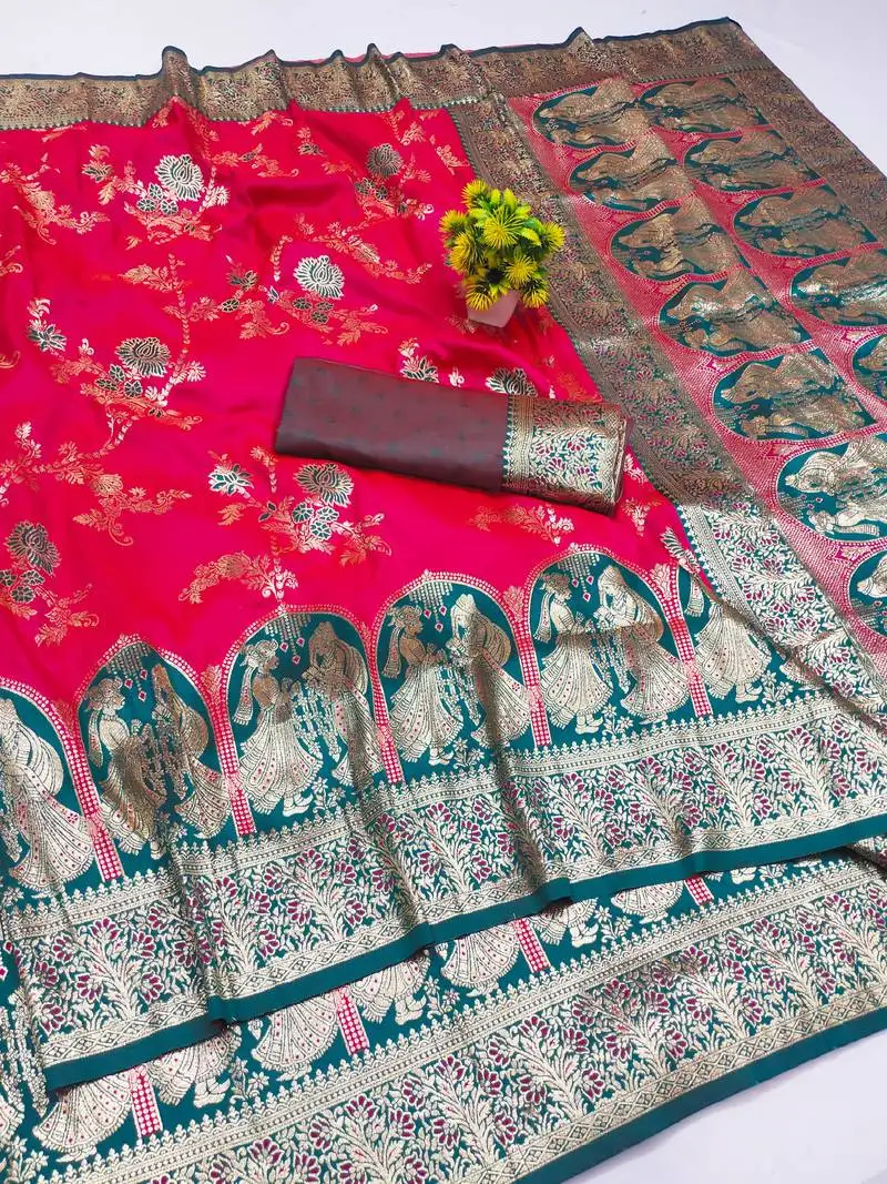 Rani pink zari woven art silk bridal style premium saree with blouse