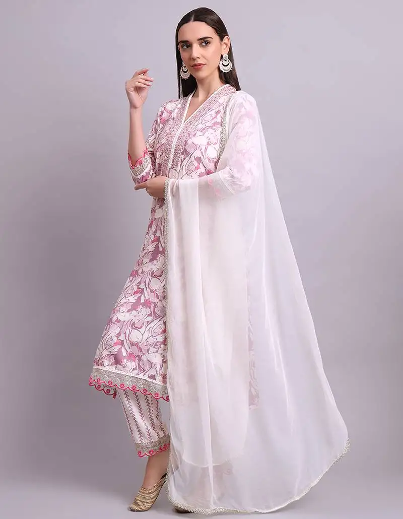 Off white cotton floral printed & embroidery work kurta with trousers & dupatta set