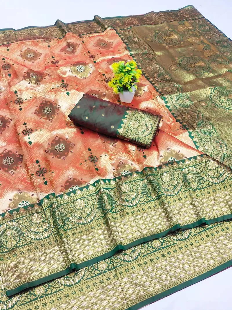 Light orange zari woven kanjivaram silk saree with blouse