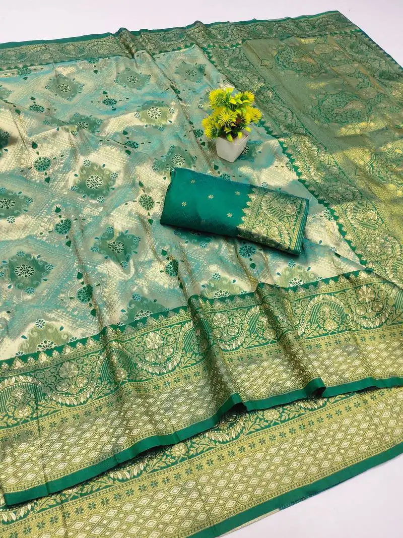 Light silvery green zari woven kanjivaram silk saree with blouse