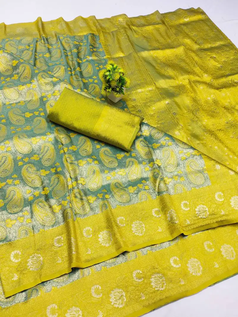 Lemon zari woven kanjivaram silk saree with blouse