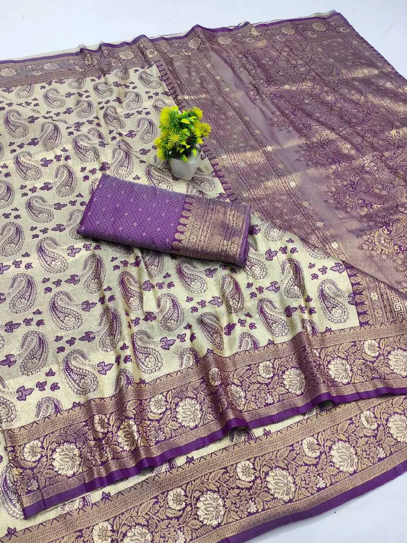 Beige zari woven kanjivaram silk saree with blouse