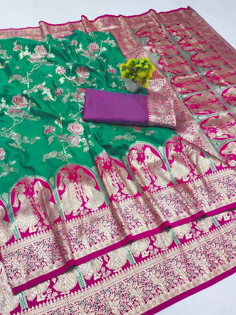 Rama green zari woven art silk bridal style premium saree with blouse