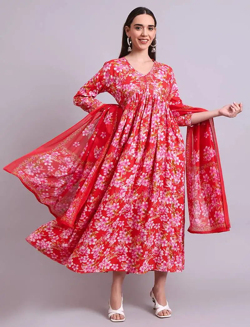Red cotton floral printed & embroidery work anarkali dress with dupatta set