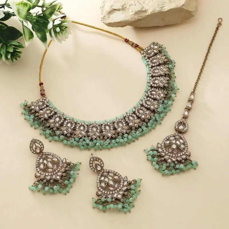 Pista green color kundan necklace set