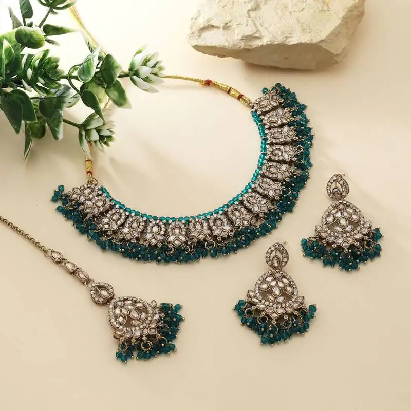 Rama green color kundan necklace set