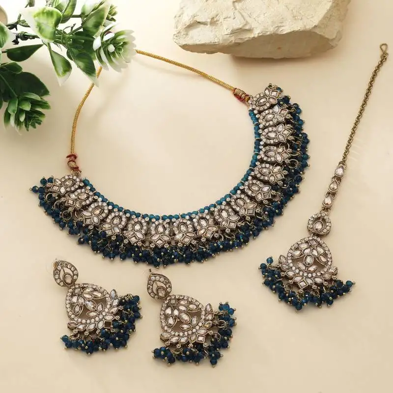 Navy blue color kundan necklace set