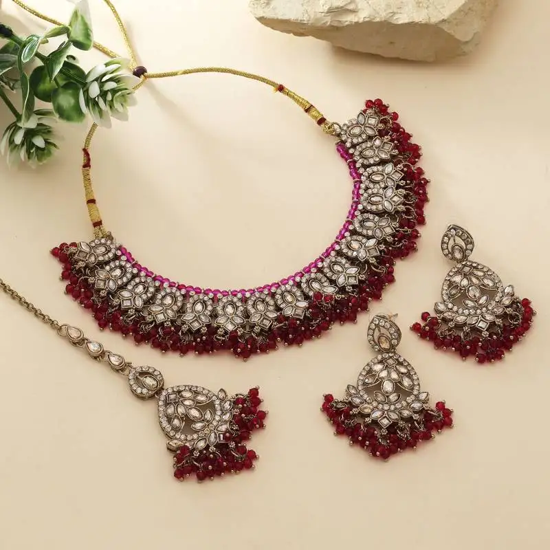 Rani color kundan necklace set