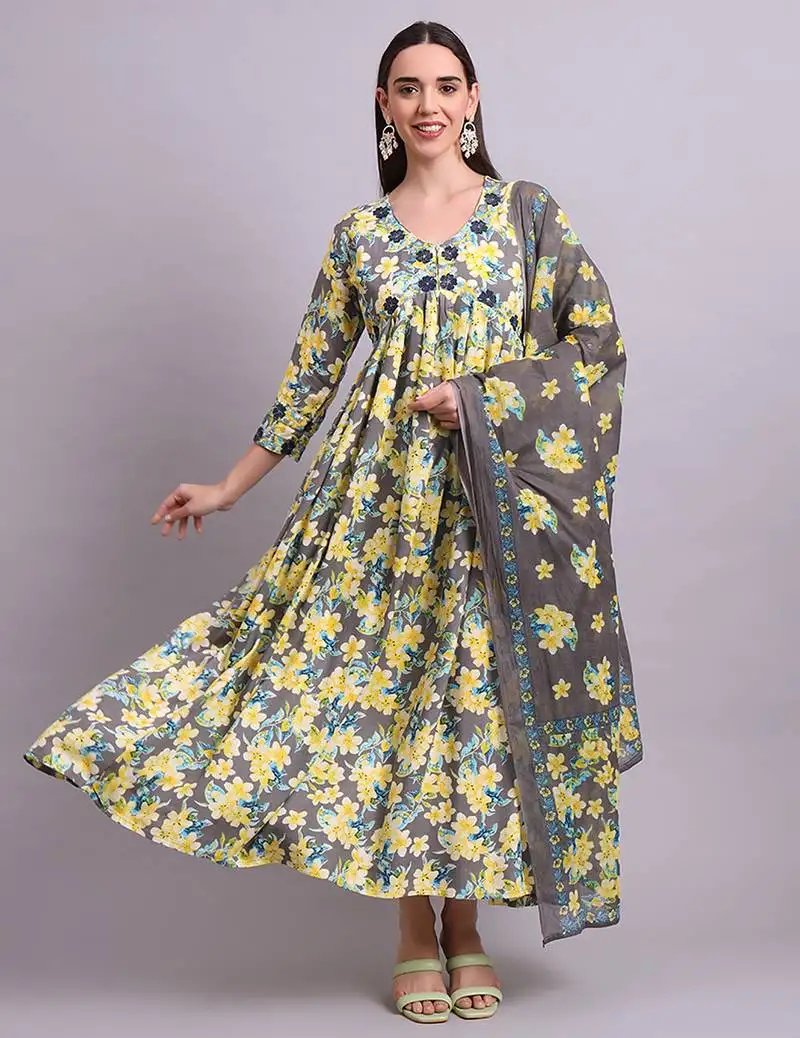 Yellow cotton floral printed & embroidery work anarkali dress with dupatta set