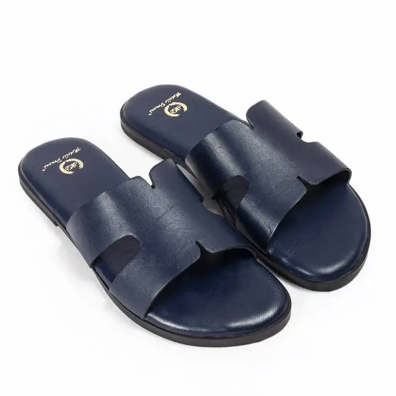 Navy blue solid leather flats