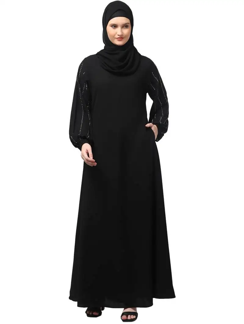 Embroidered sleeve with elastic a line matt nida abaya with hjab