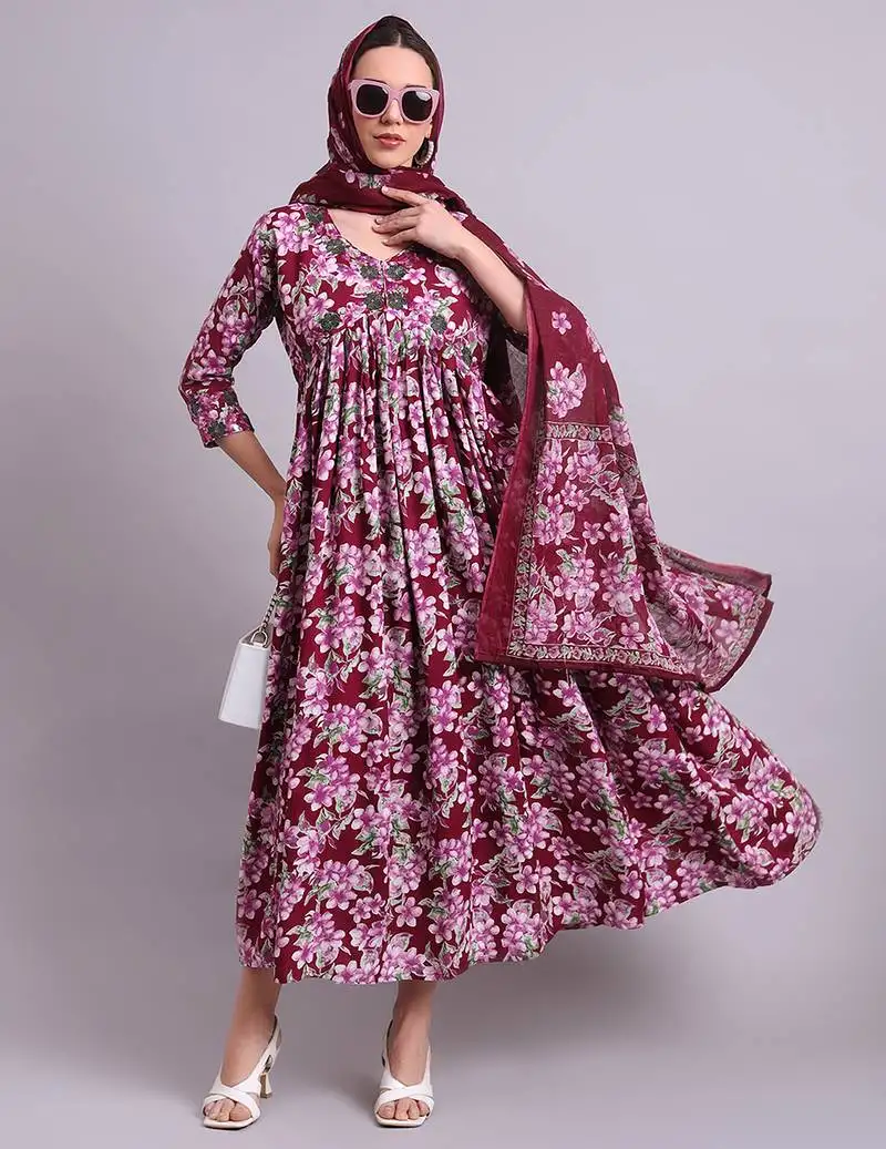 Purple cotton floral printed & embroidery work anarkali dress with dupatta set