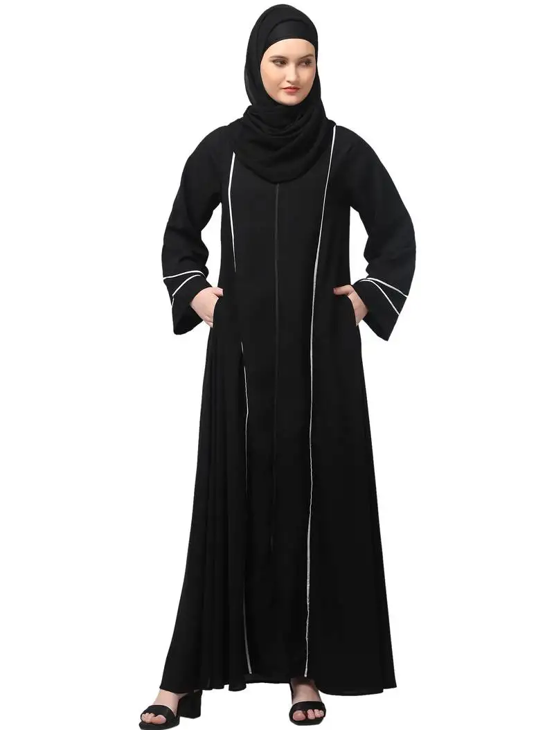 Front open with zip contrast piping at front and sleeves matt nida abaya with hijab