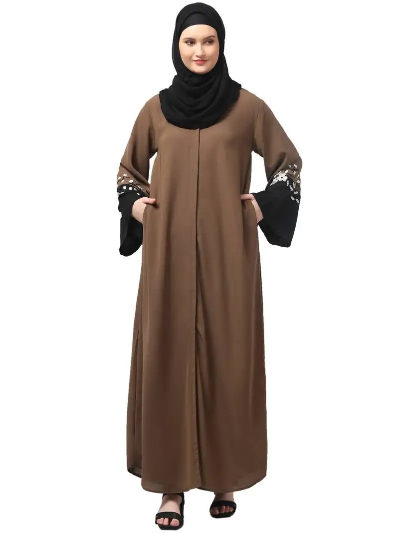 Embrodery and conytrast 2 side pocket sleeves front open abaya