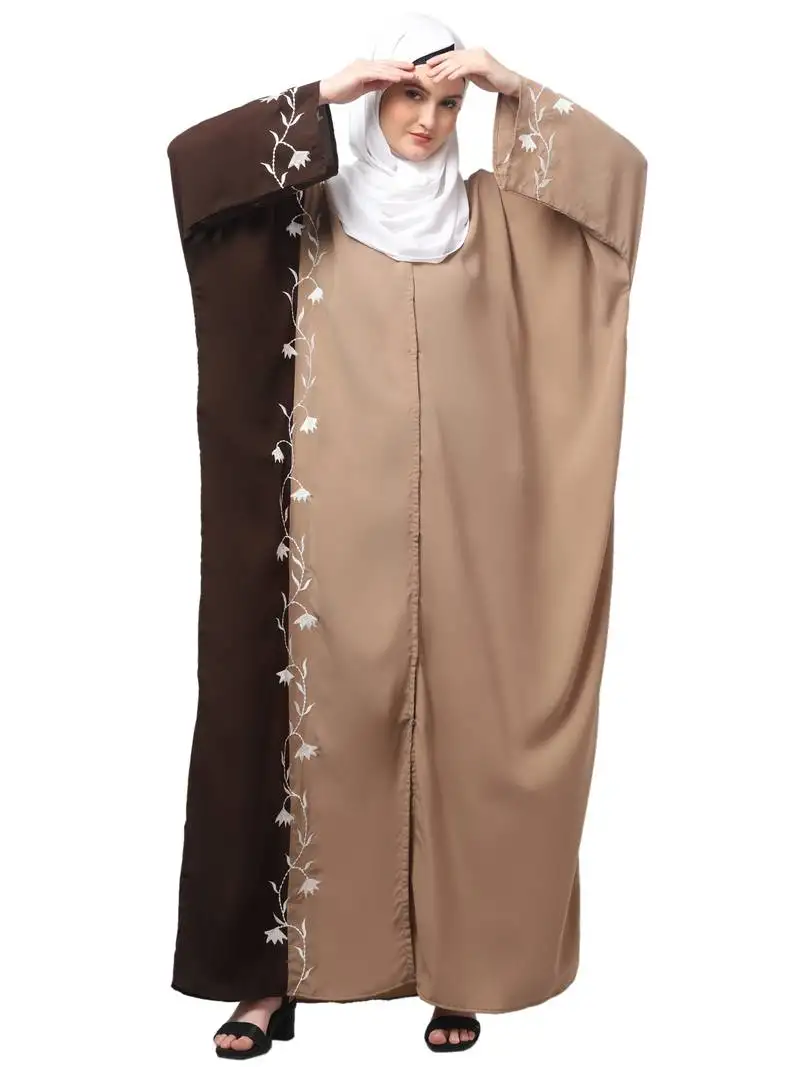 Embroidery at fron and sleeves contrast front open kaftan abaya with hijab